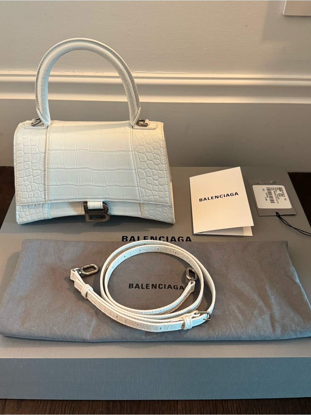 Balenciaga — White Croc-Embossed Hourglass Leather Bag (Size Small)